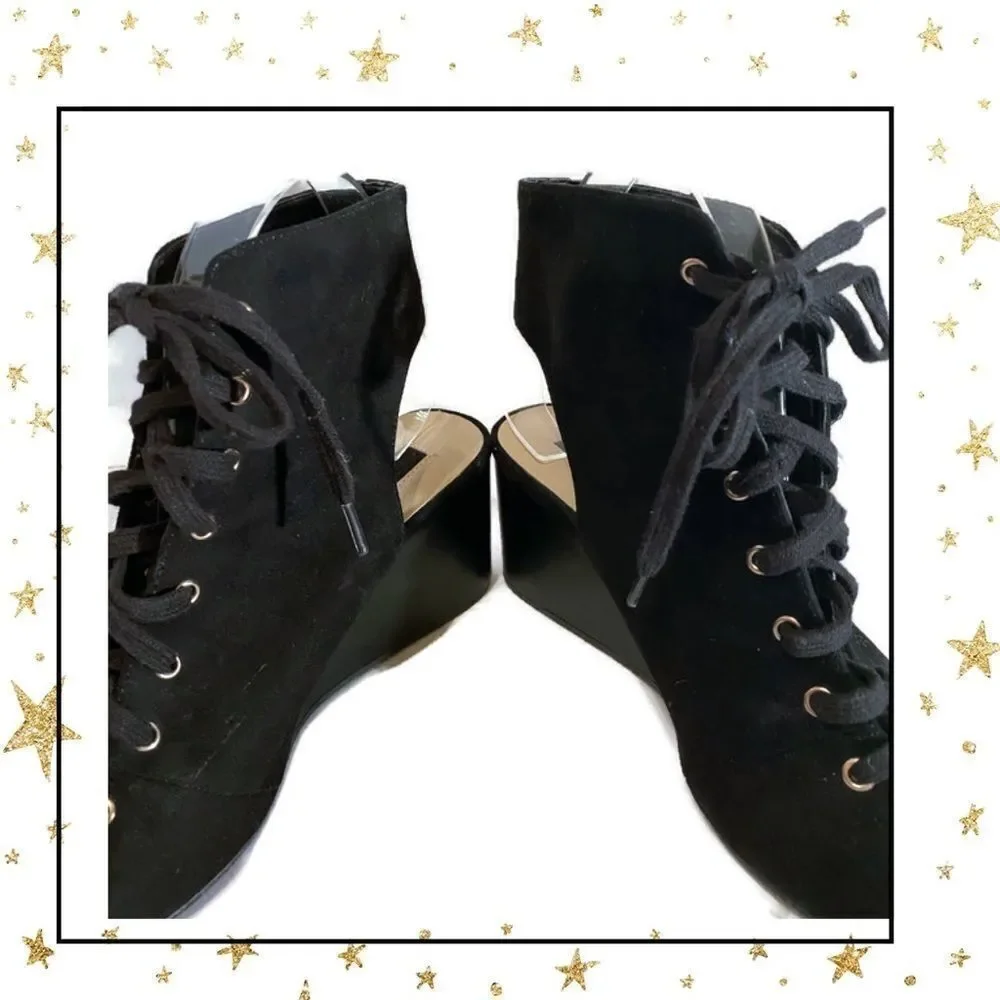 Forever 21 Black Suede Lace Up Peep Toe Wedges 8